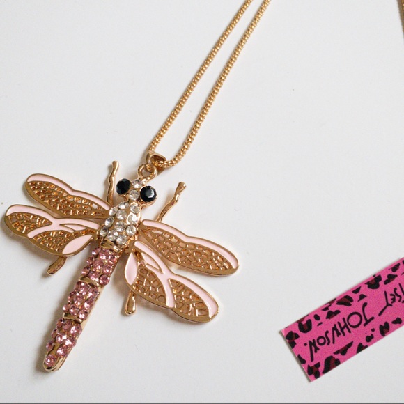 Betsey Johnson Pink Gold Dragonfly Crystal Necklace - Picture 2 of 4